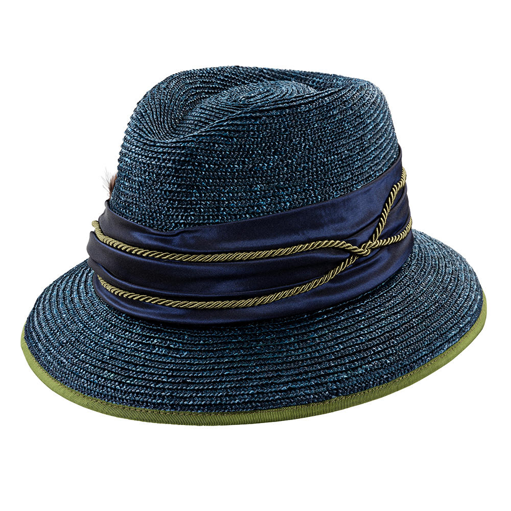 Chapeau pour femme » Witta «, paille tressée à plume, bleu marine