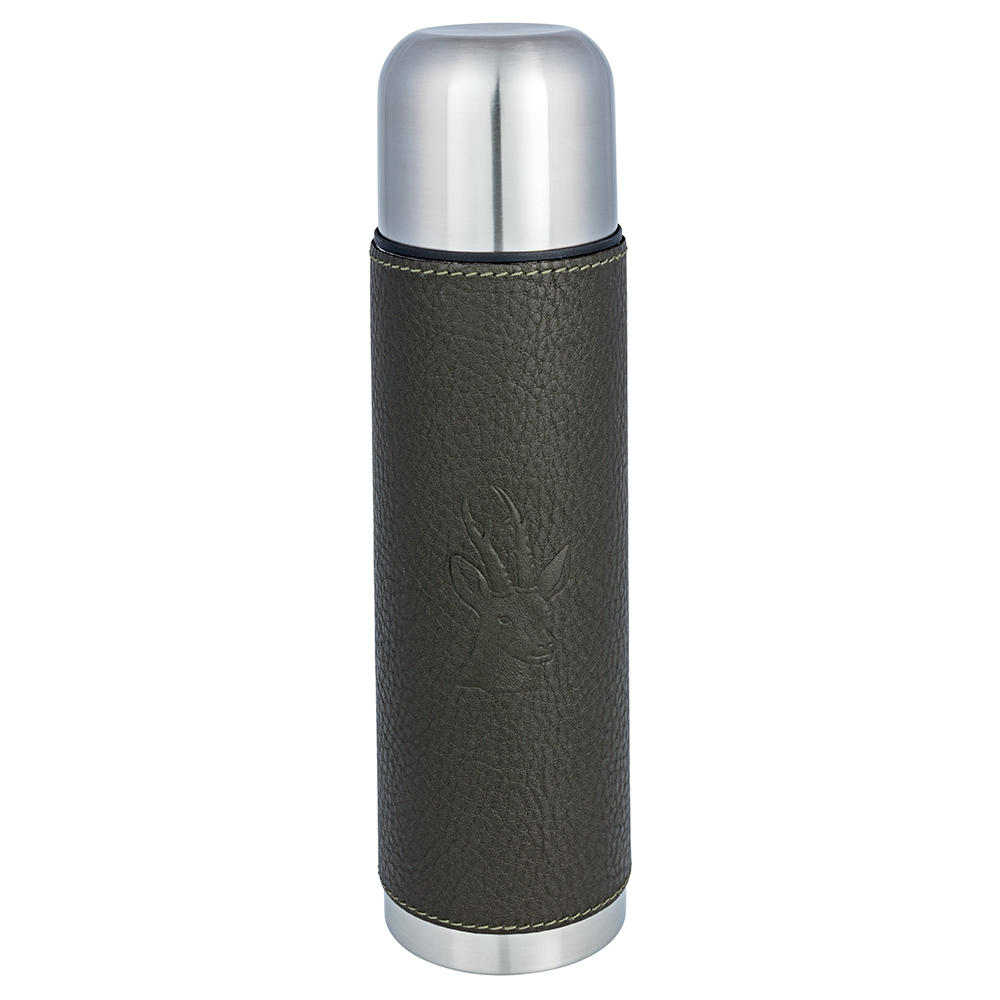 BEIER Isolierflasche mit Belederung, 700 ml, oliv, Motiv Rehbock