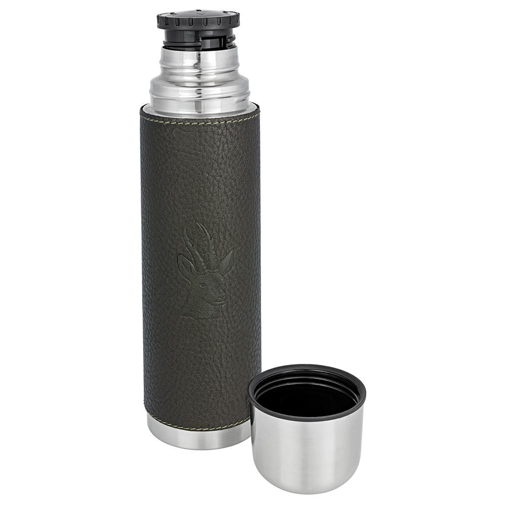 BEIER Isolierflasche mit Belederung, 700 ml, oliv, Motiv Rehbock