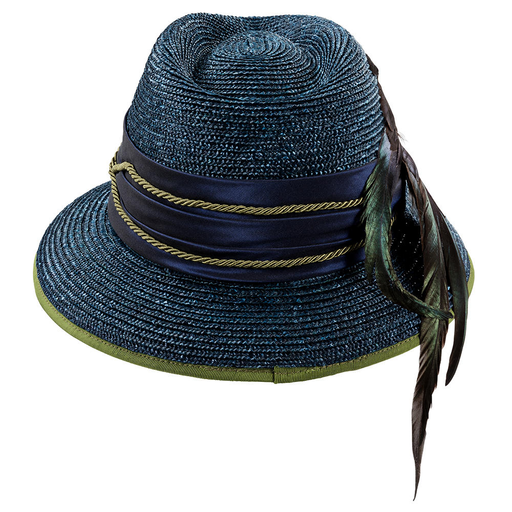 Chapeau pour femme » Witta «, paille tressée à plume, bleu marine
