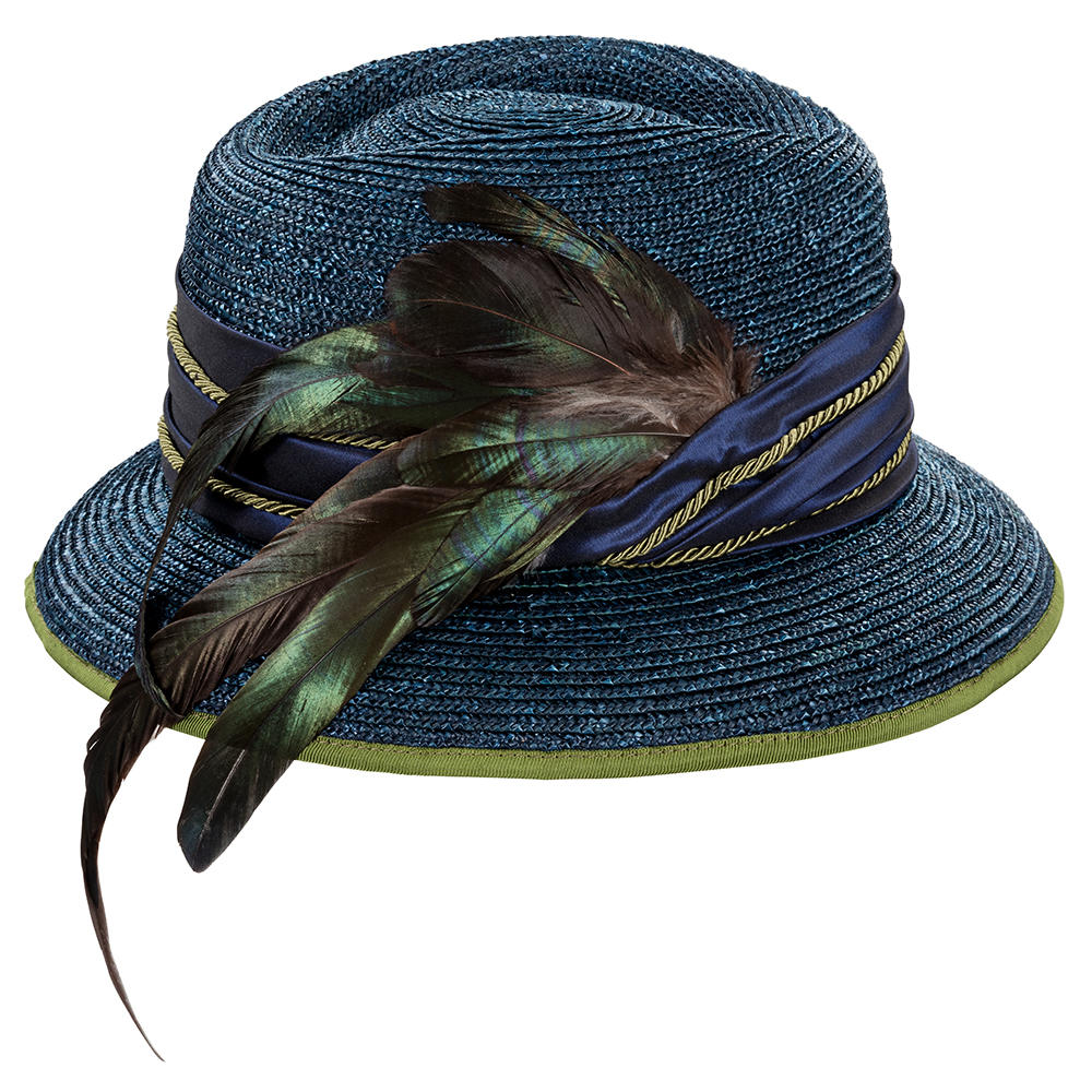 Chapeau pour femme » Witta «, paille tressée à plume, bleu marine