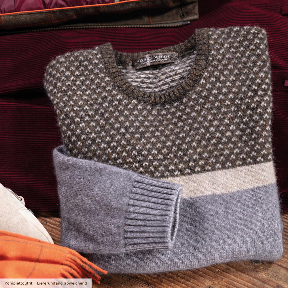 Herrenpullover Jaquard Merino-Possum, Grau-Melange