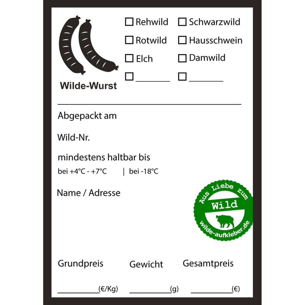 Wildbret-Aufkleber für Vakuumbeutel, Wilde-Wurst