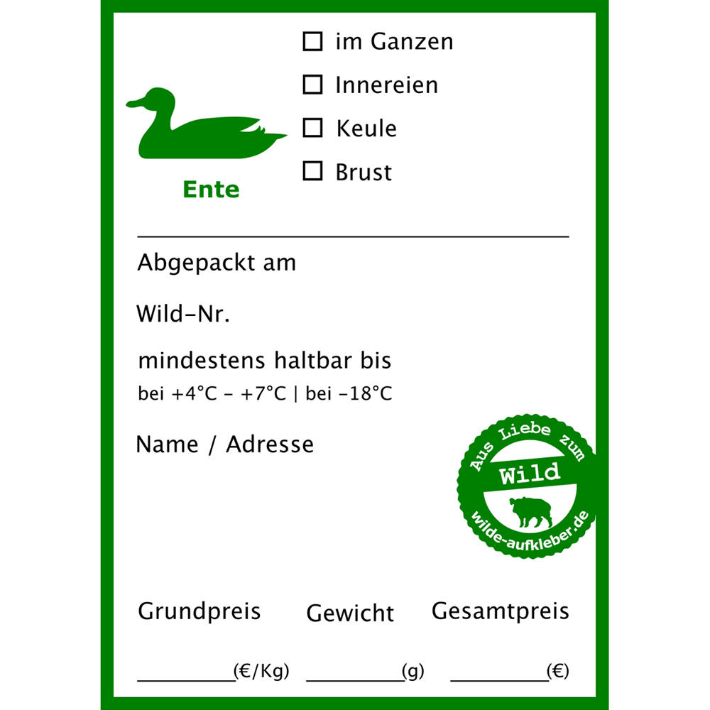 Wildbret-Aufkleber für Vakuumbeutel, Ente