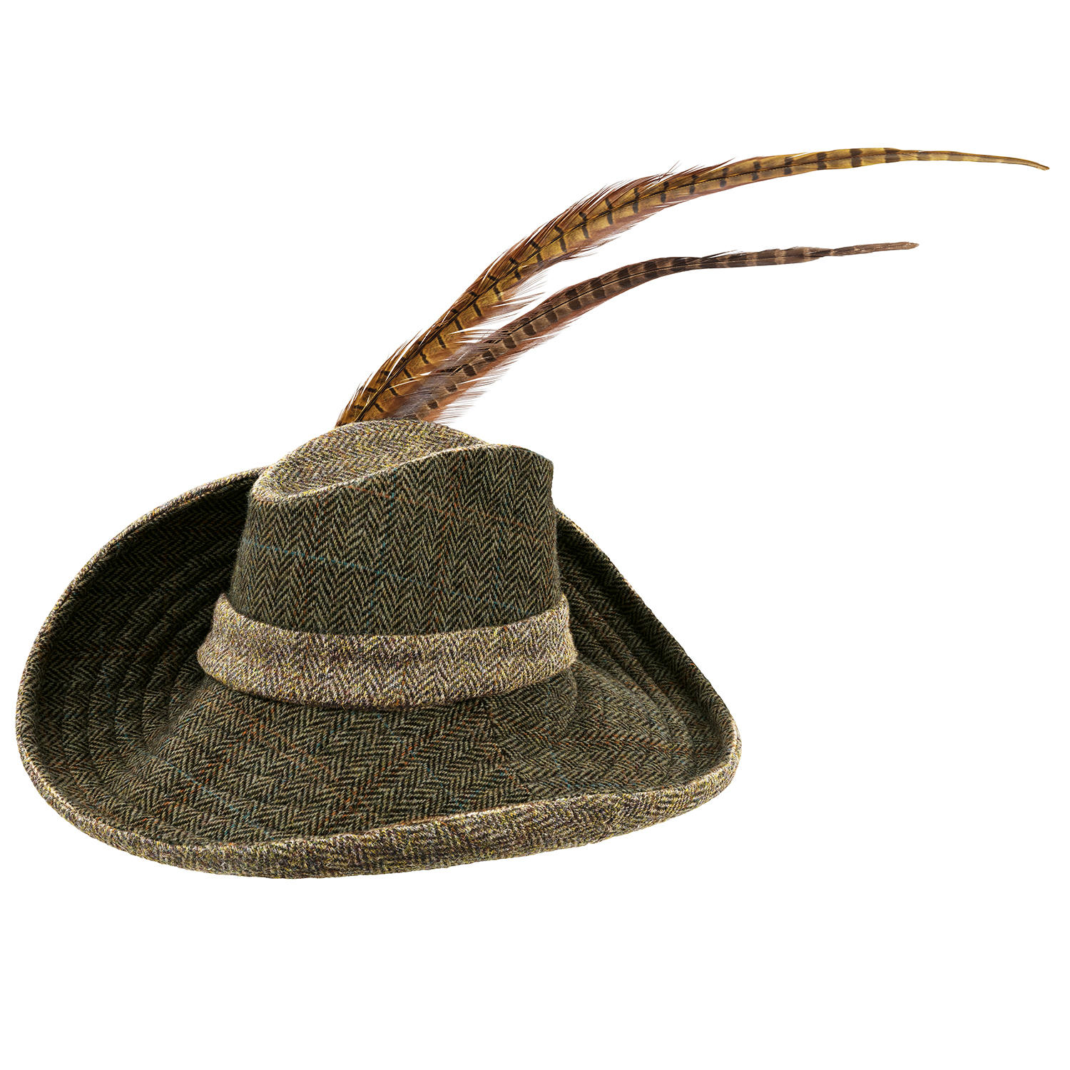 Sara Tiara Tweed Hut mit Federn, beige/natur/grün