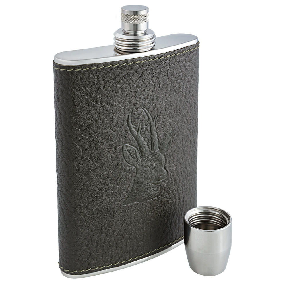 BEIER Flachmann mit Schraubbecher, 225 ml, oliv, Motiv Rehbock