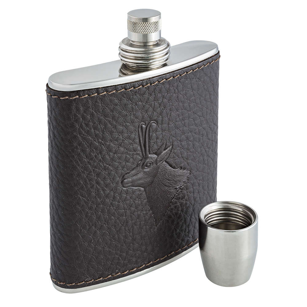 BEIER Hipflask with Screw Cup, 175 ml, Dark Brown, Ibex Motif