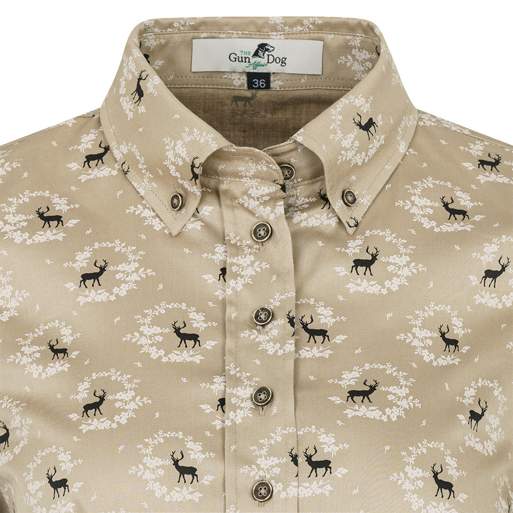 Button-Down-Bluse, Baumwoll-Satin Hirsch-Druck