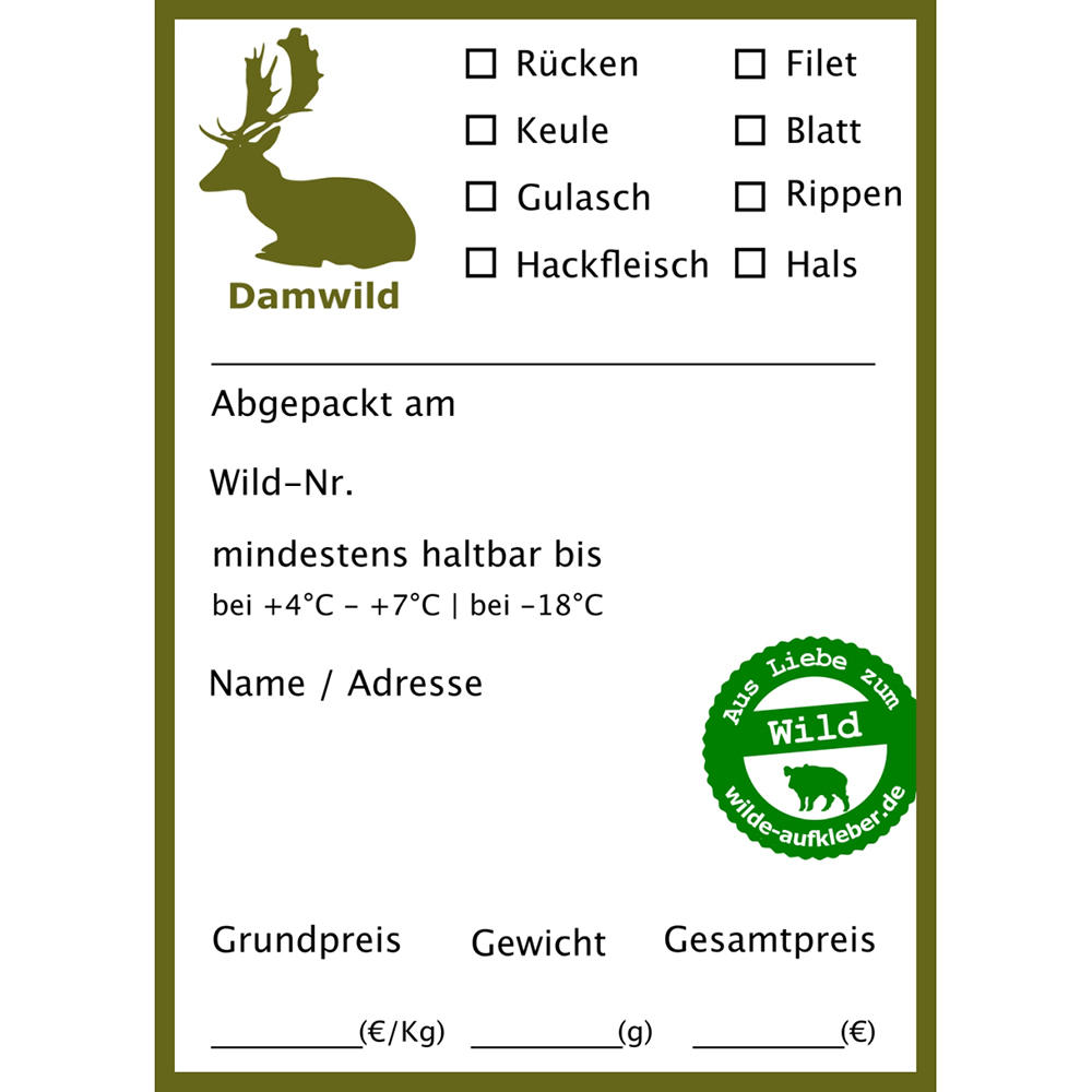 Wildbret-Aufkleber für Vakuumbeutel, Damwild