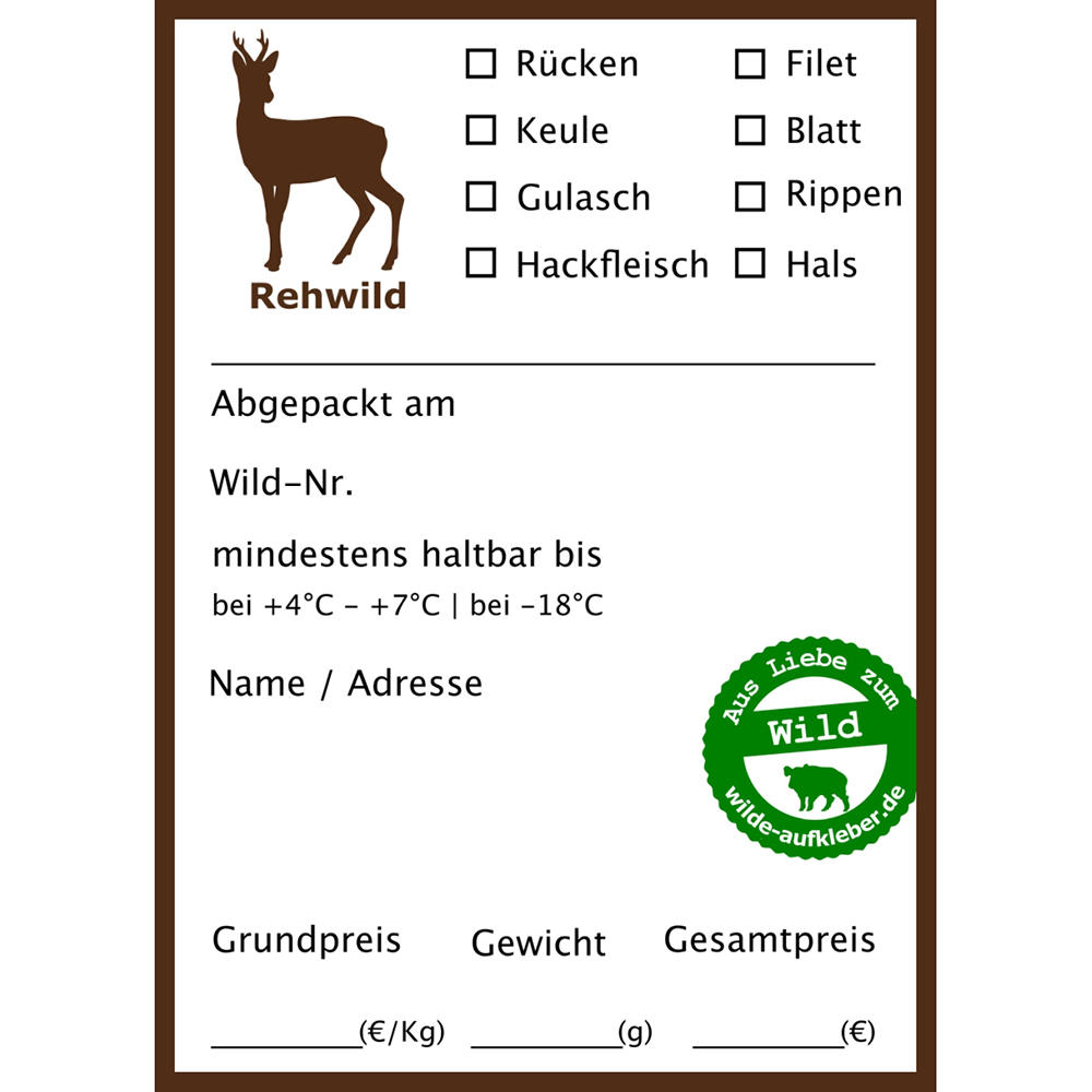 Wildbret-Aufkleber für Vakuumbeutel, Rehwild