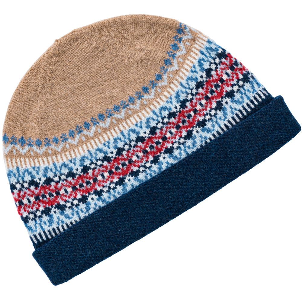 Classic: Beige mit Dunkelblau, Hellblau, Braun und Rot.