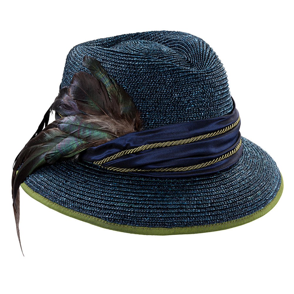 Chapeau pour femme » Witta «, paille tressée à plume, bleu marine
