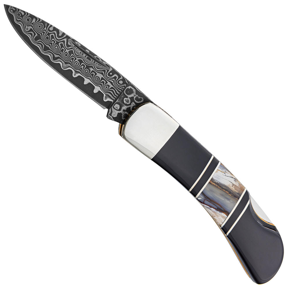 Stoneworks Folding Knife, Damascus, Mammoth Tusk/Stone